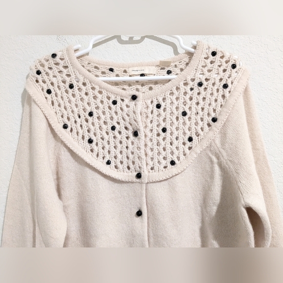 Anthropologie Cream Wool Cashmere Blend Black Pearl Sweater Cottagecore Grandma - Picture 4 of 12